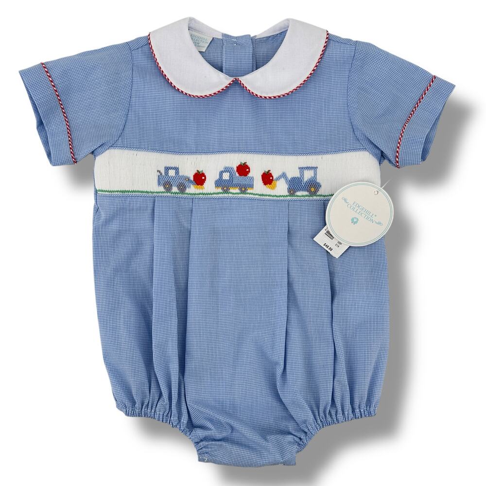 Edgehill Collection Apple Truck Tractor Embroidered Smocked Bubble Romper Sz 9 M